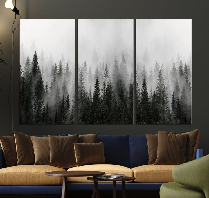 Foggy Landscape Misty Pine Forest Nordic Mountain Wall Art Canvas Print