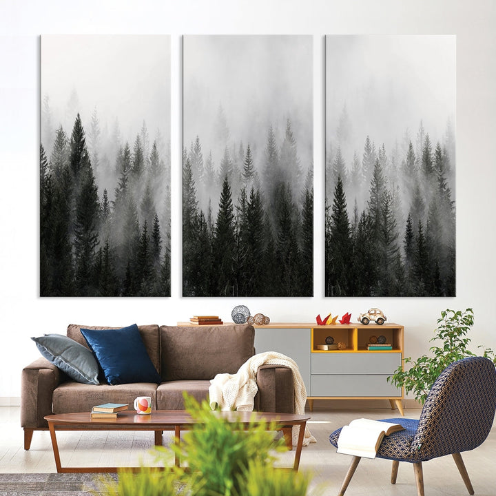 Foggy Landscape Misty Pine Forest Nordic Mountain Wall Art Canvas Print