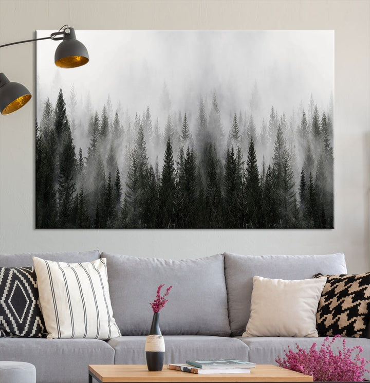 Foggy Landscape Misty Pine Forest Nordic Mountain Wall Art Canvas Print