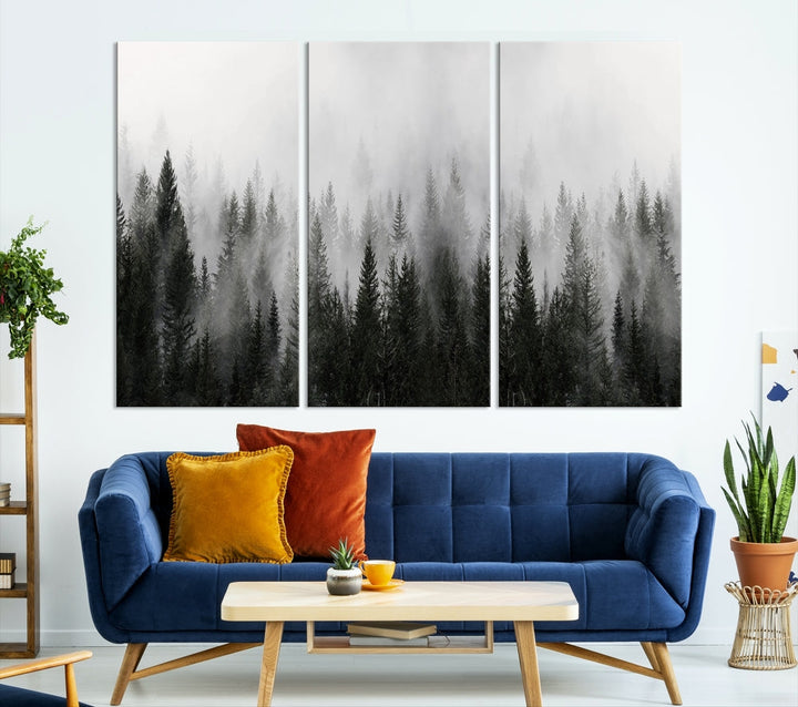 Foggy Landscape Misty Pine Forest Nordic Mountain Wall Art Canvas Print