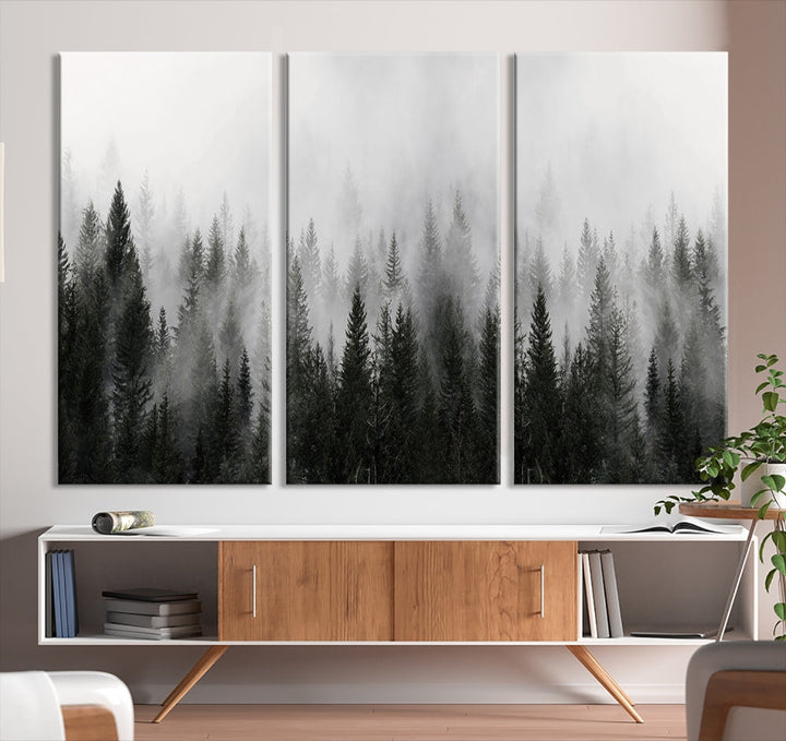 Foggy Landscape Misty Pine Forest Nordic Mountain Wall Art Canvas Print