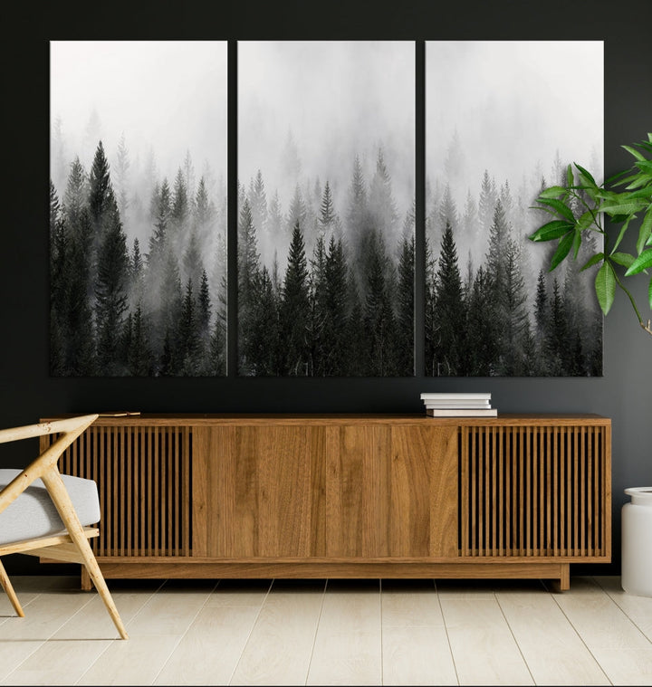 Foggy Landscape Misty Pine Forest Nordic Mountain Wall Art Canvas Print