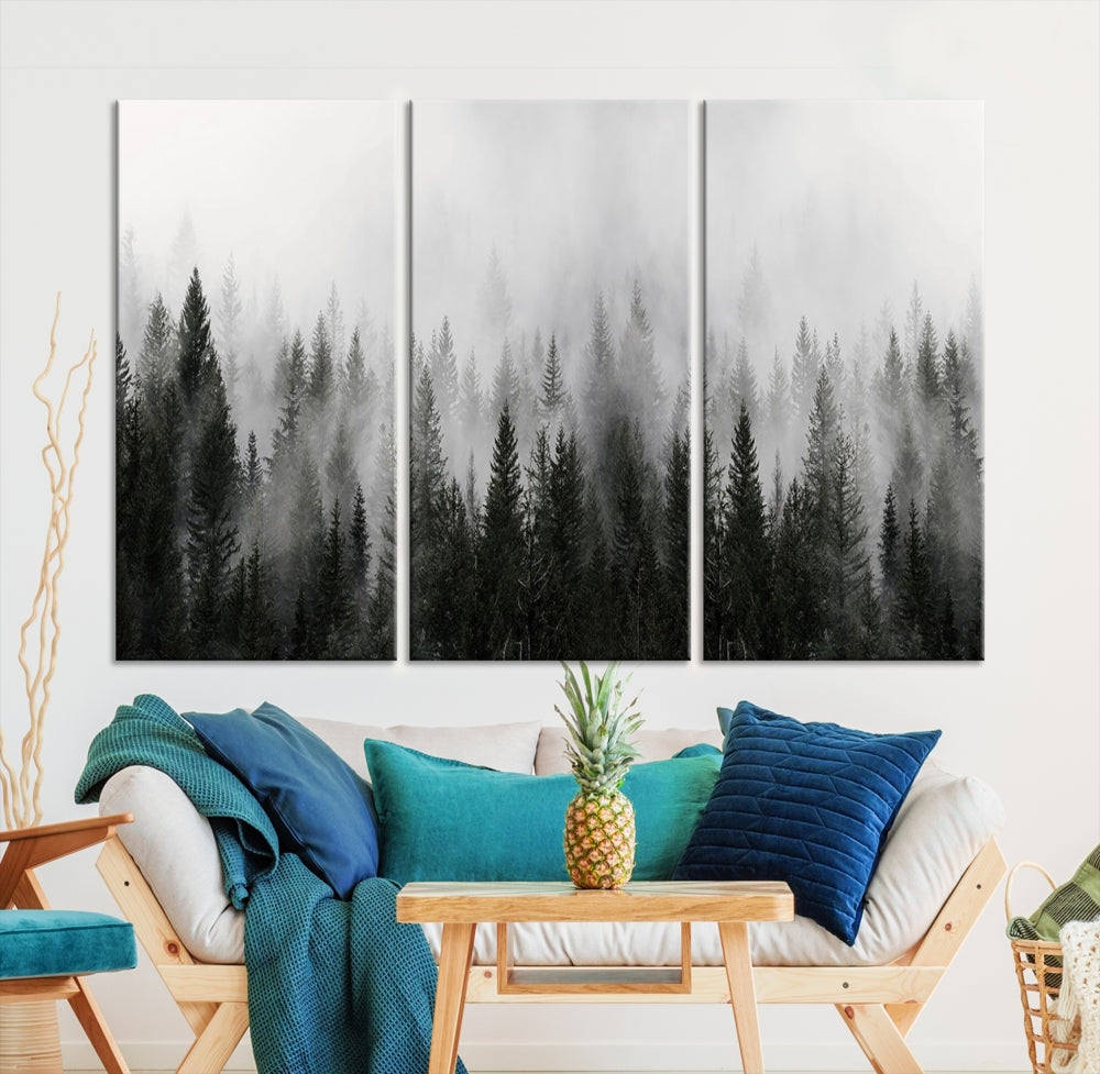 Foggy Landscape Misty Pine Forest Nordic Mountain Wall Art Canvas Print