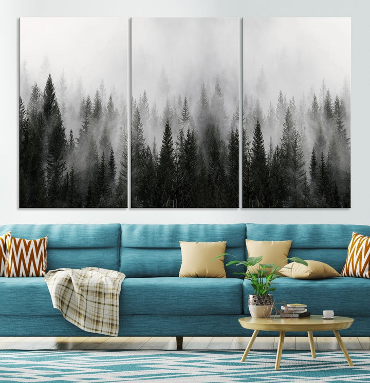 Foggy Landscape Misty Pine Forest Nordic Mountain Wall Art Canvas Print