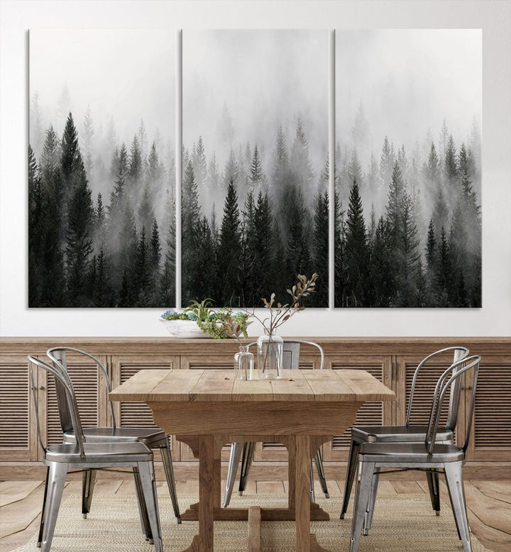 Foggy Landscape Misty Pine Forest Nordic Mountain Wall Art Canvas Print