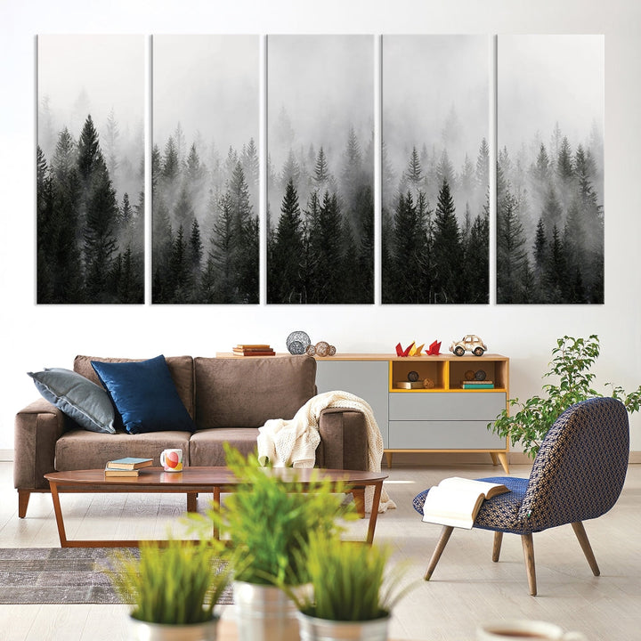 Foggy Landscape Misty Pine Forest Nordic Mountain Wall Art Canvas Print