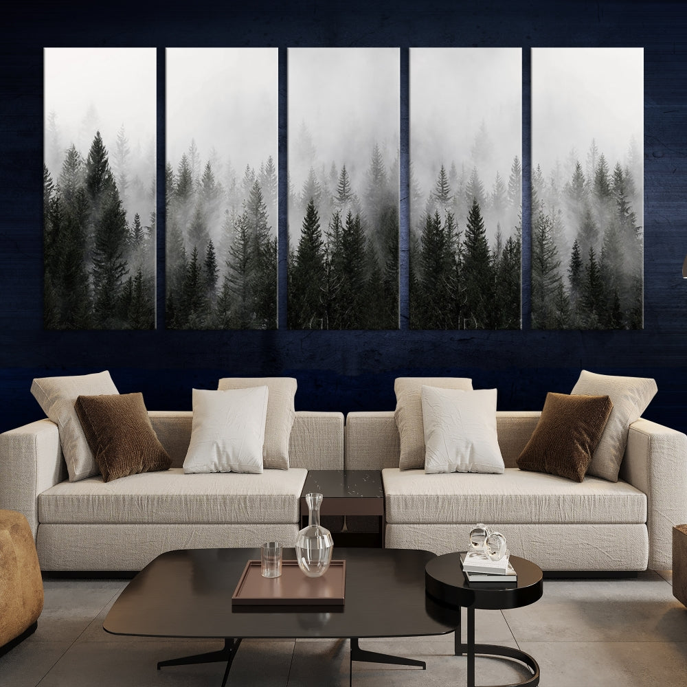 Foggy Landscape Misty Pine Forest Nordic Mountain Wall Art Canvas Print