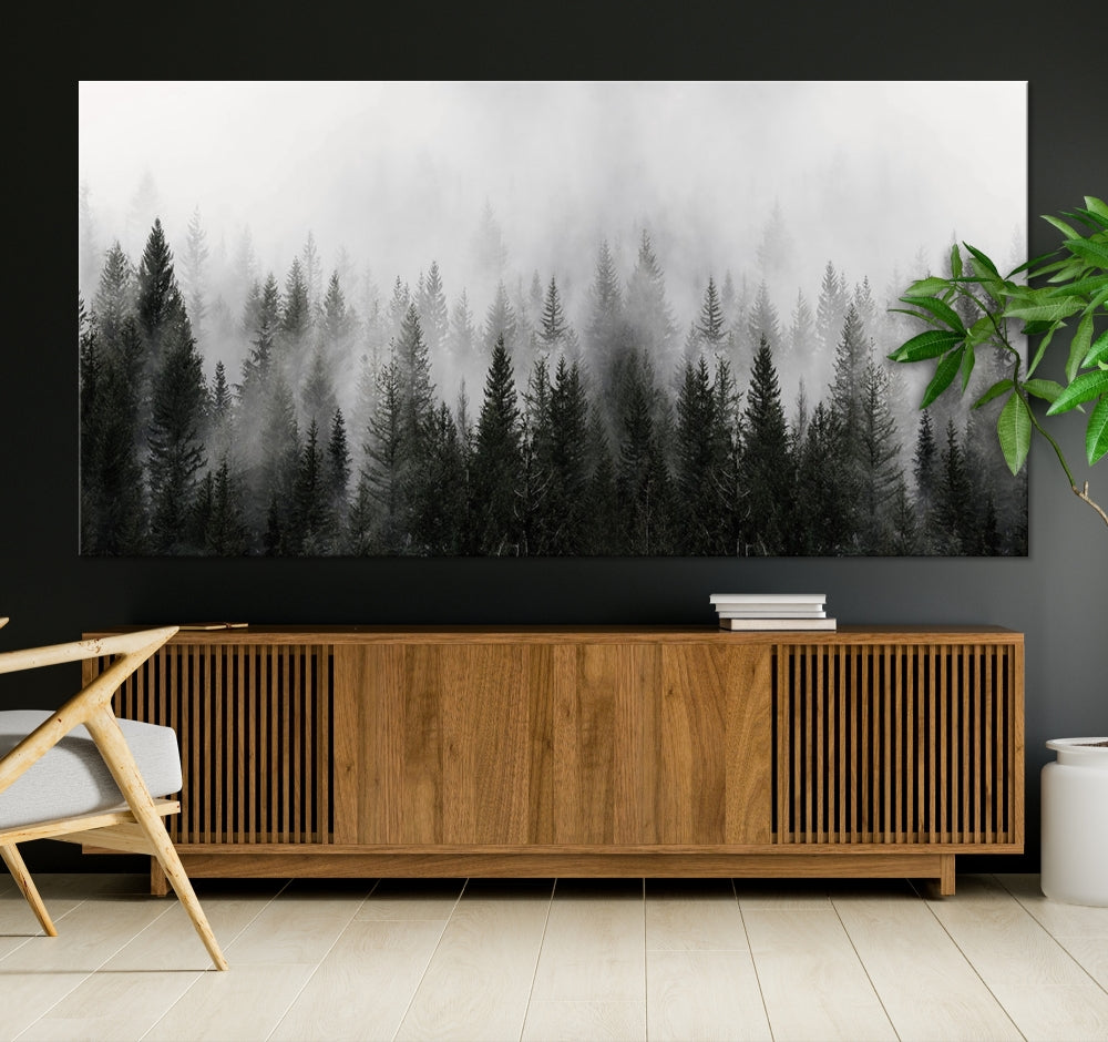 Foggy Landscape Misty Pine Forest Nordic Mountain Wall Art Canvas Print