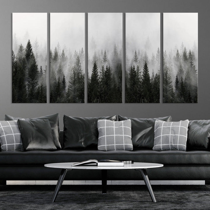 Foggy Landscape Misty Pine Forest Nordic Mountain Wall Art Canvas Print