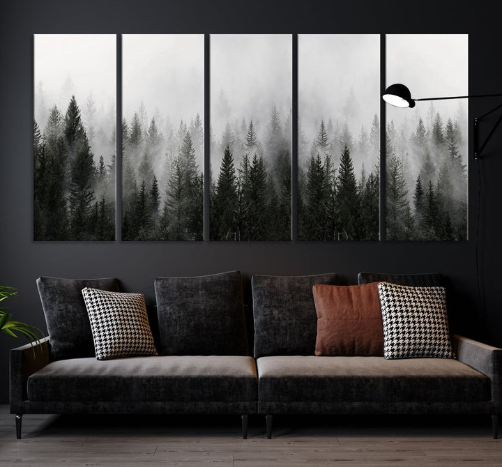 Foggy Landscape Misty Pine Forest Nordic Mountain Wall Art Canvas Print