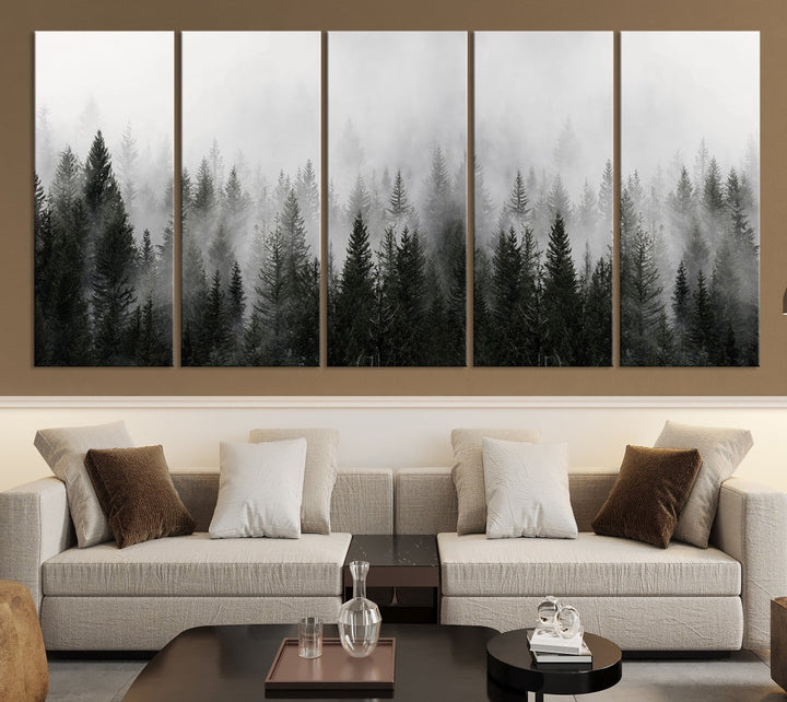 Foggy Landscape Misty Pine Forest Nordic Mountain Wall Art Canvas Print