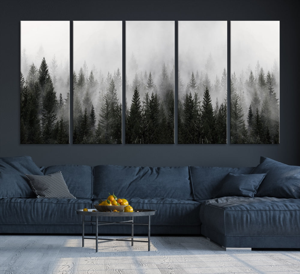 Foggy Landscape Misty Pine Forest Nordic Mountain Wall Art Canvas Print