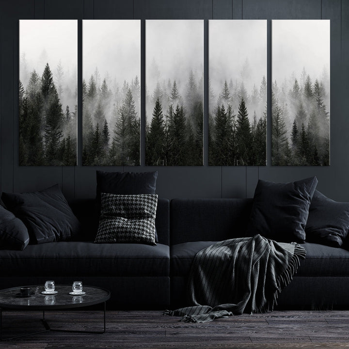 Foggy Landscape Misty Pine Forest Nordic Mountain Wall Art Canvas Print