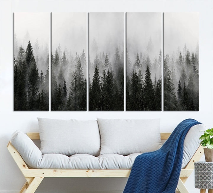 Foggy Landscape Misty Pine Forest Nordic Mountain Wall Art Canvas Print