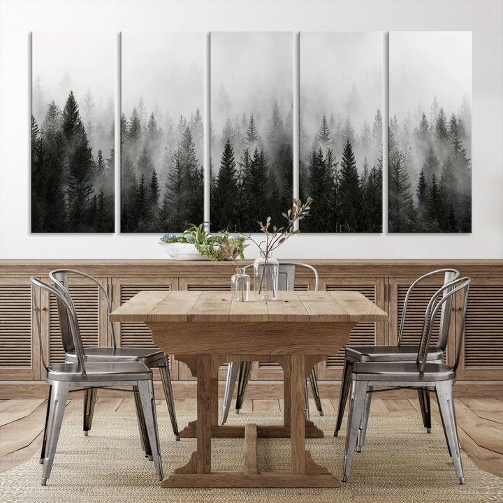 Foggy Landscape Misty Pine Forest Nordic Mountain Wall Art Canvas Print