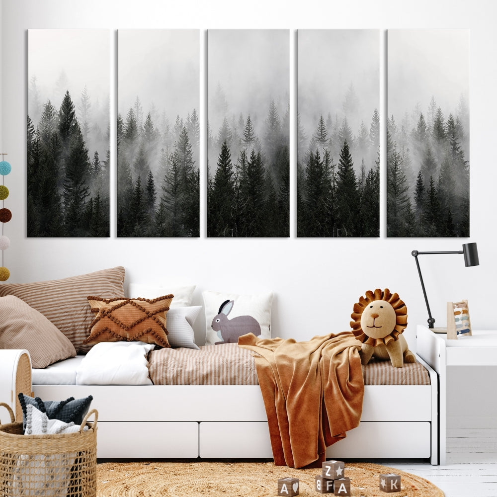 Foggy Landscape Misty Pine Forest Nordic Mountain Wall Art Canvas Print