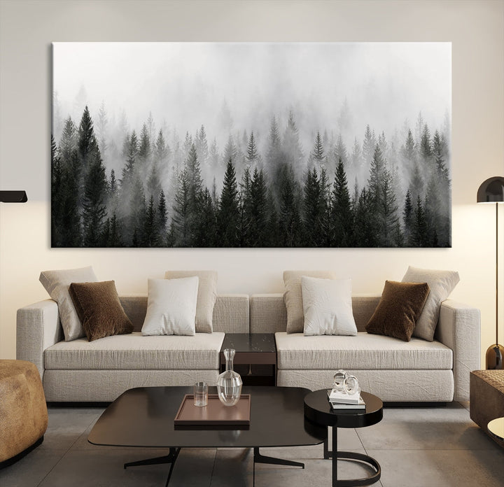 Foggy Landscape Misty Pine Forest Nordic Mountain Wall Art Canvas Print