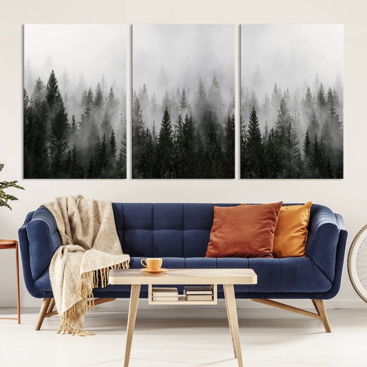 Foggy Landscape Misty Pine Forest Nordic Mountain Wall Art Canvas Print