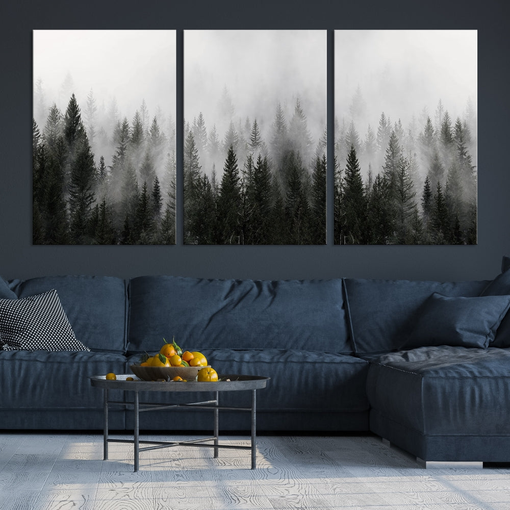 Foggy Landscape Misty Pine Forest Nordic Mountain Wall Art Canvas Print