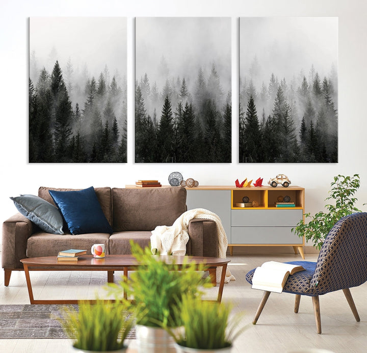 Foggy Landscape Misty Pine Forest Nordic Mountain Wall Art Canvas Print