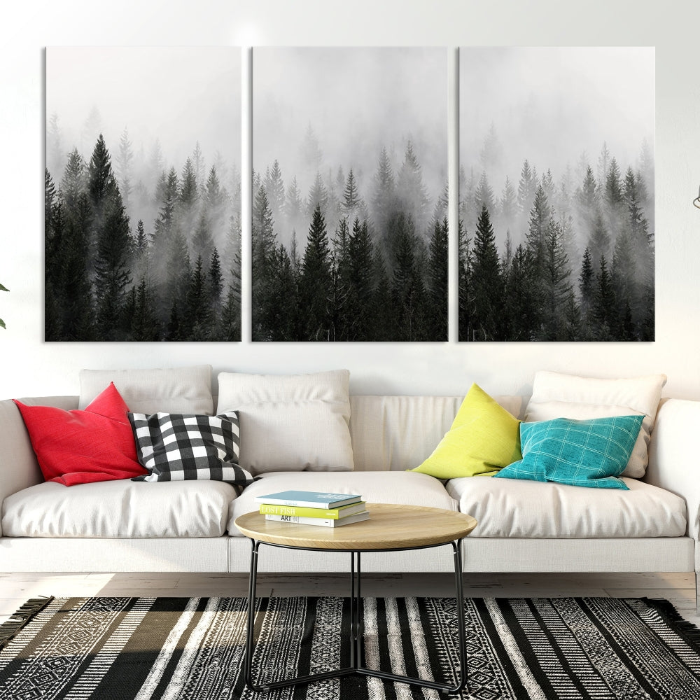 Foggy Landscape Misty Pine Forest Nordic Mountain Wall Art Canvas Print