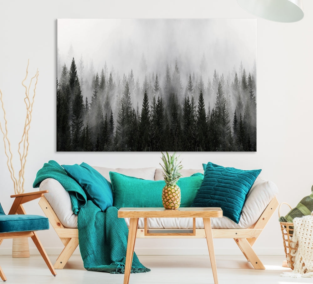 Foggy Landscape Misty Pine Forest Nordic Mountain Wall Art Canvas Print