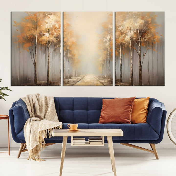 Foggy Landscape Painting Yellow Trees Canvas Wall Art Print for Living Room