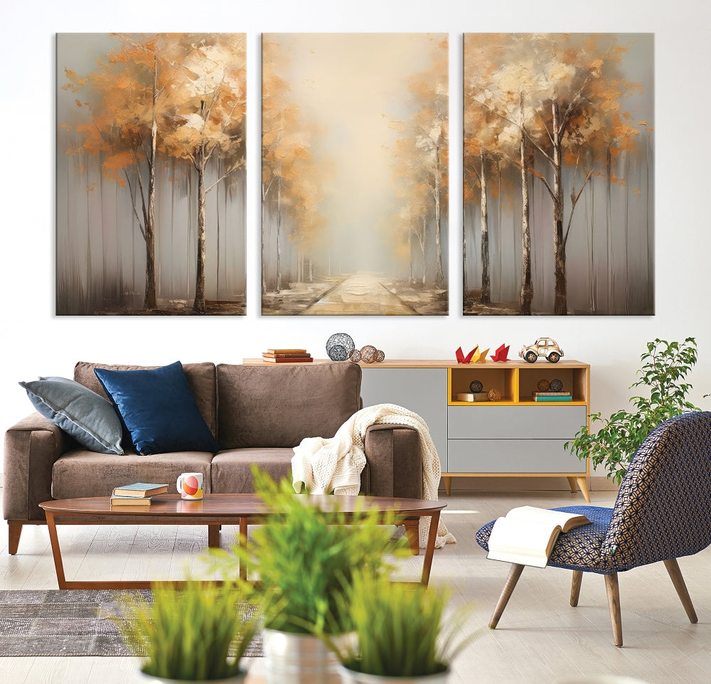 Foggy Landscape Painting Yellow Trees Canvas Wall Art Print for Living Room