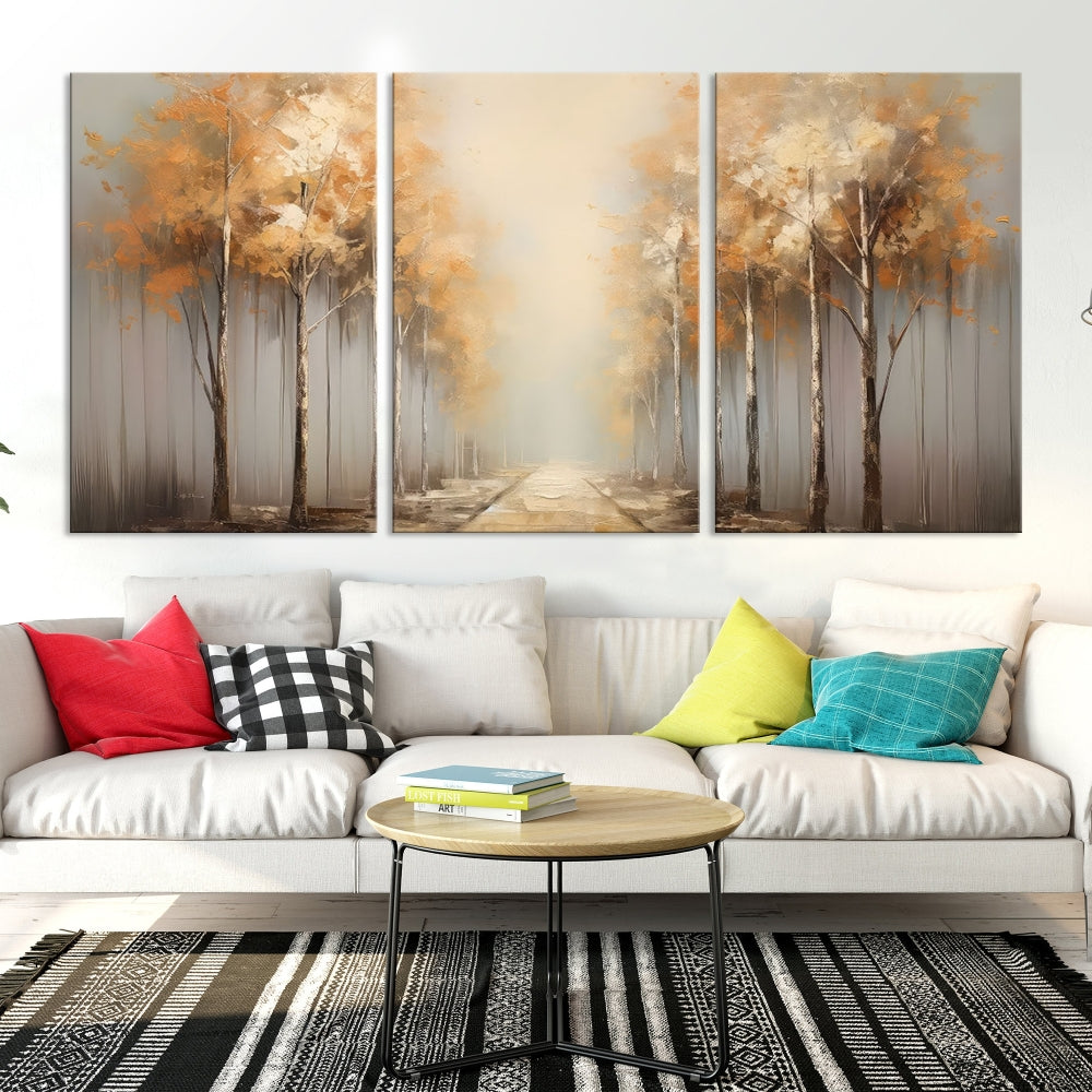 Foggy Landscape Painting Yellow Trees Canvas Wall Art Print for Living Room