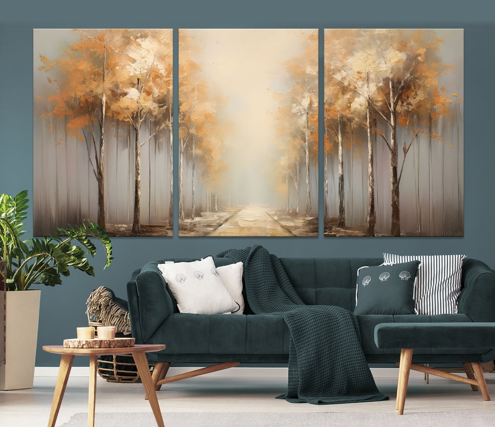 Foggy Landscape Painting Yellow Trees Canvas Wall Art Print for Living Room