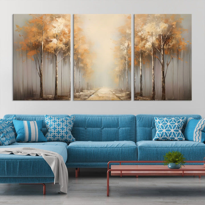 Foggy Landscape Painting Yellow Trees Canvas Wall Art Print for Living Room