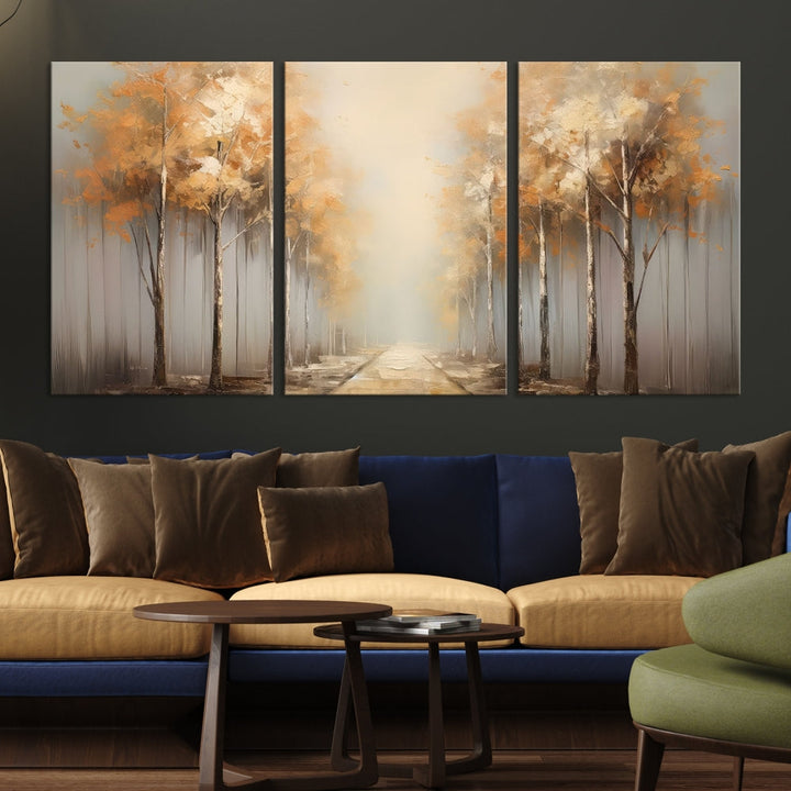 Foggy Landscape Painting Yellow Trees Canvas Wall Art Print for Living Room