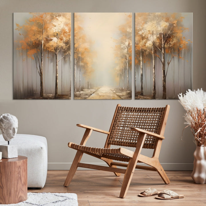 Foggy Landscape Painting Yellow Trees Canvas Wall Art Print for Living Room