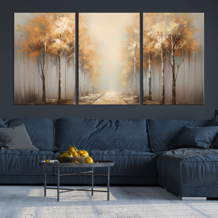 Foggy Landscape Painting Yellow Trees Canvas Wall Art Print for Living Room