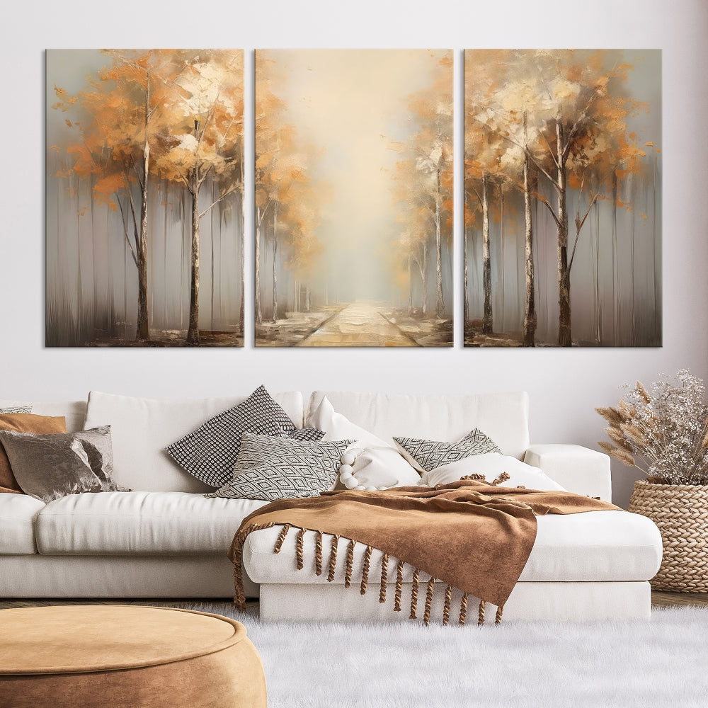 Foggy Landscape Painting Yellow Trees Canvas Wall Art Print for Living Room