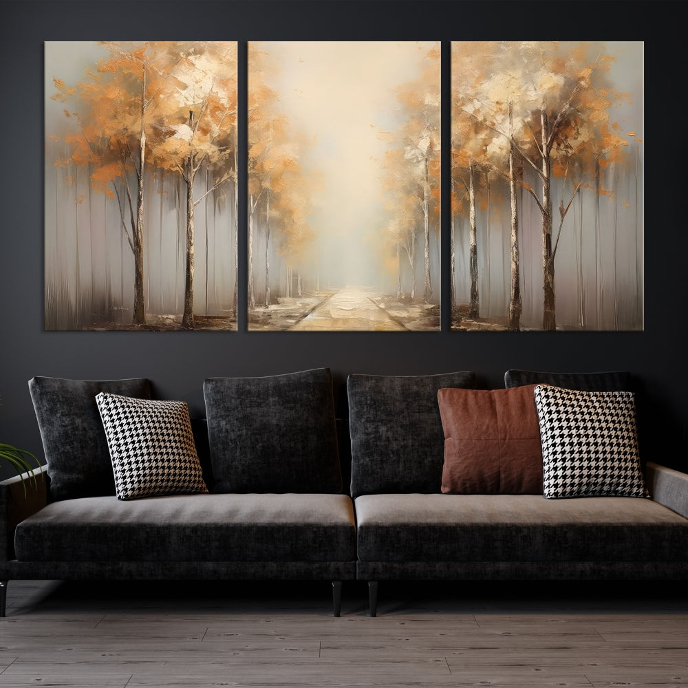 Foggy Landscape Painting Yellow Trees Canvas Wall Art Print for Living Room