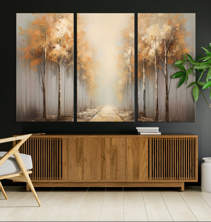 Foggy Landscape Painting Yellow Trees Canvas Wall Art Print for Living Room