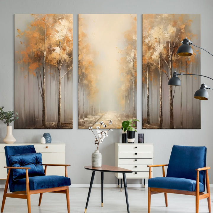 Foggy Landscape Painting Yellow Trees Canvas Wall Art Print for Living Room