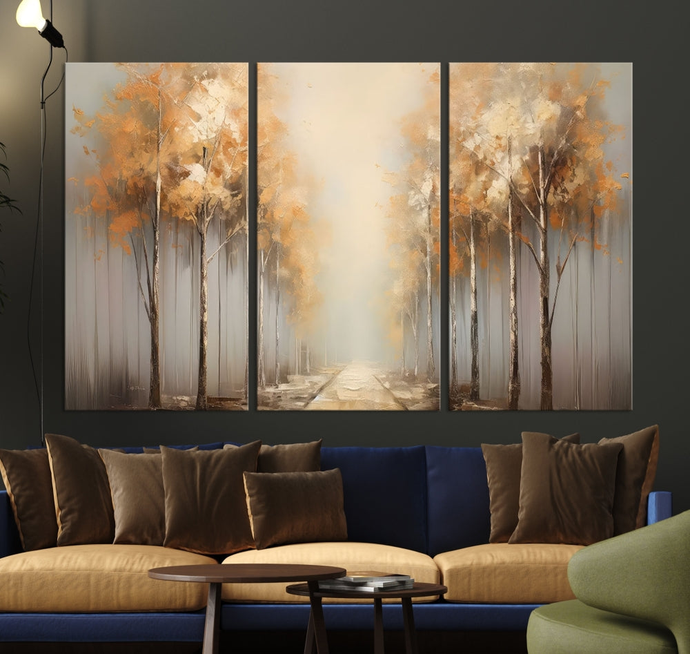 Foggy Landscape Painting Yellow Trees Canvas Wall Art Print for Living Room