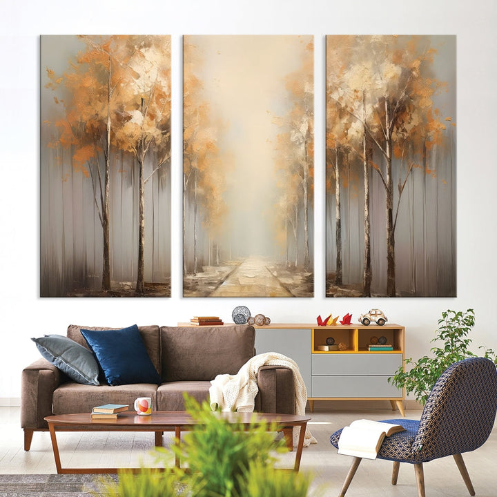 Foggy Landscape Painting Yellow Trees Canvas Wall Art Print for Living Room