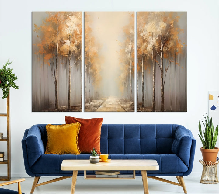 Foggy Landscape Painting Yellow Trees Canvas Wall Art Print for Living Room