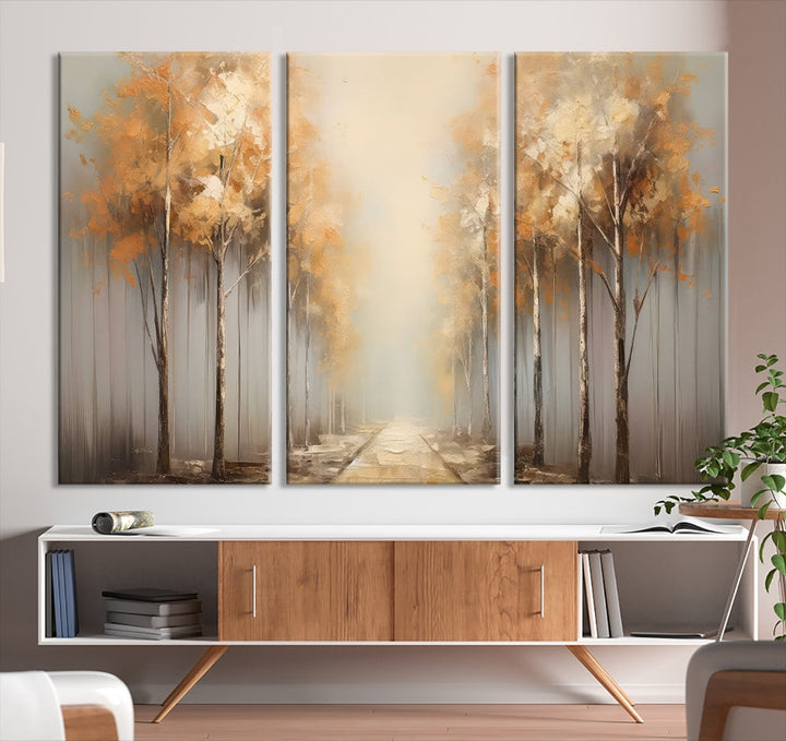 Foggy Landscape Painting Yellow Trees Canvas Wall Art Print for Living Room