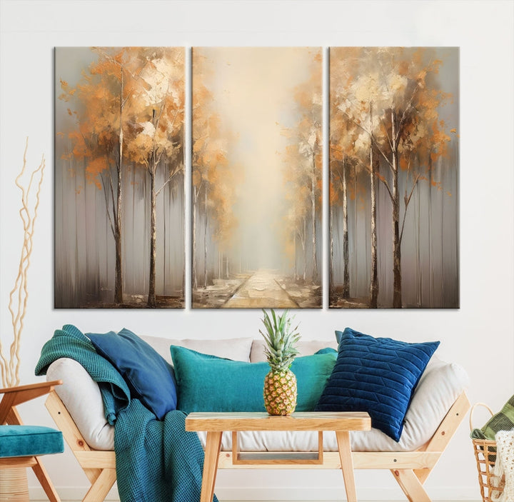 Foggy Landscape Painting Yellow Trees Canvas Wall Art Print for Living Room