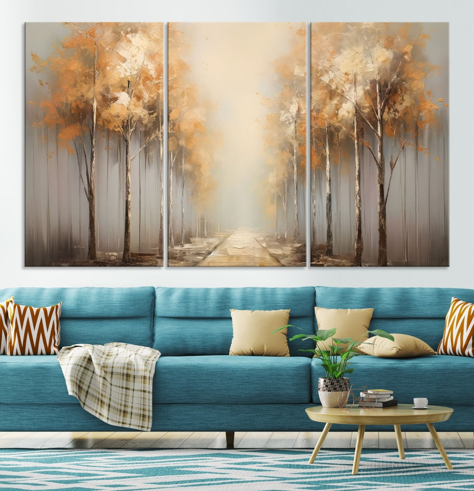 Foggy Landscape Painting Yellow Trees Canvas Wall Art Print for Living Room