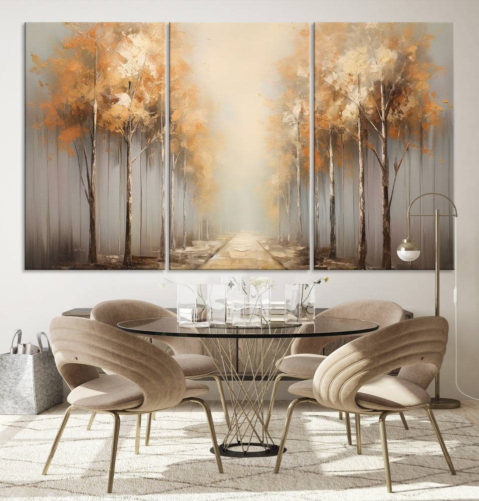 Foggy Landscape Painting Yellow Trees Canvas Wall Art Print for Living Room