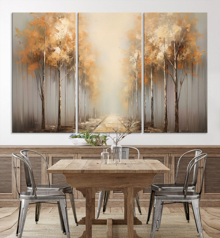 Foggy Landscape Painting Yellow Trees Canvas Wall Art Print for Living Room