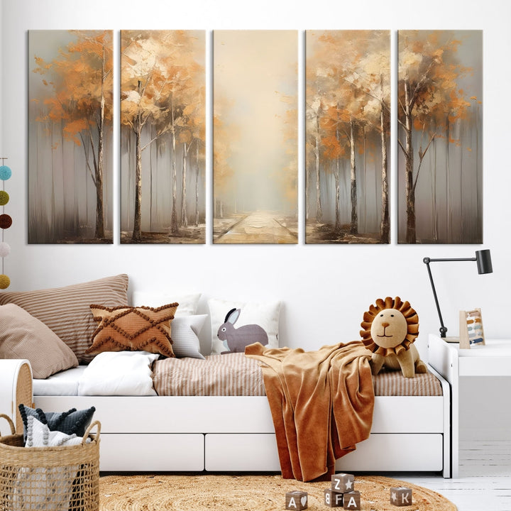 Foggy Landscape Painting Yellow Trees Canvas Wall Art Print for Living Room