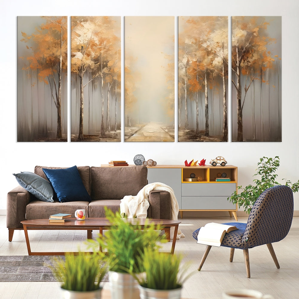 Foggy Landscape Painting Yellow Trees Canvas Wall Art Print for Living Room