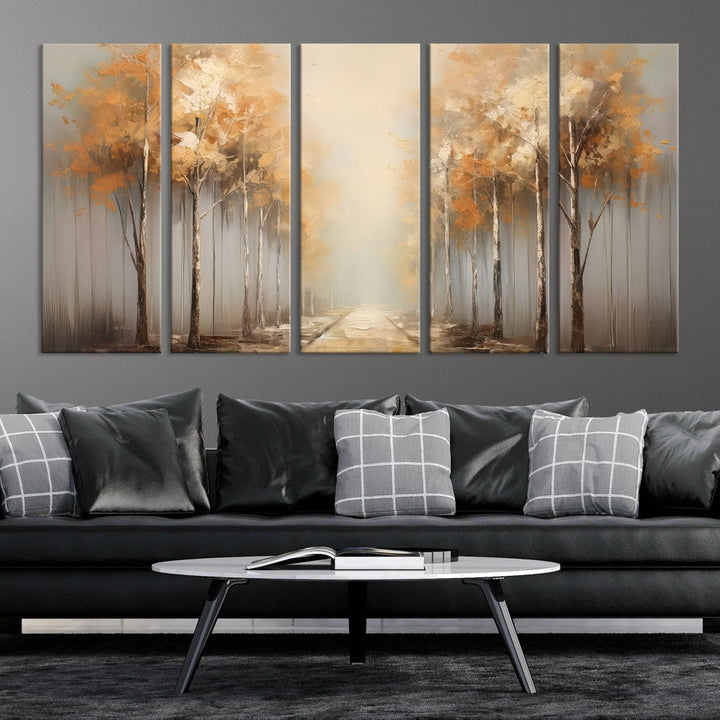 Foggy Landscape Painting Yellow Trees Canvas Wall Art Print for Living Room