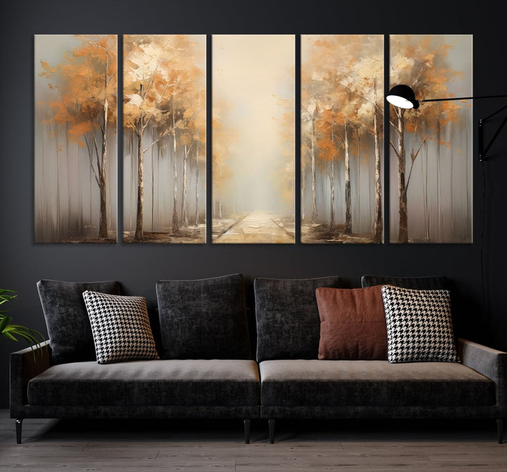 Foggy Landscape Painting Yellow Trees Canvas Wall Art Print for Living Room